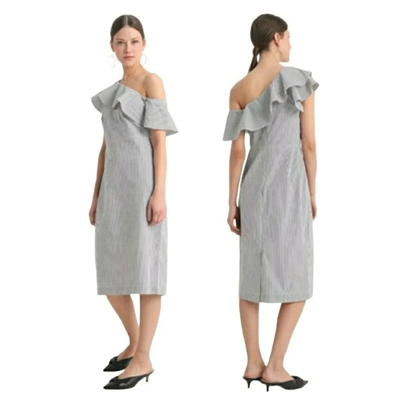 Banana Republic Sheath Dress Seersucker Striped Ruffle One Shoulder Sundress - Picture 2 of 7